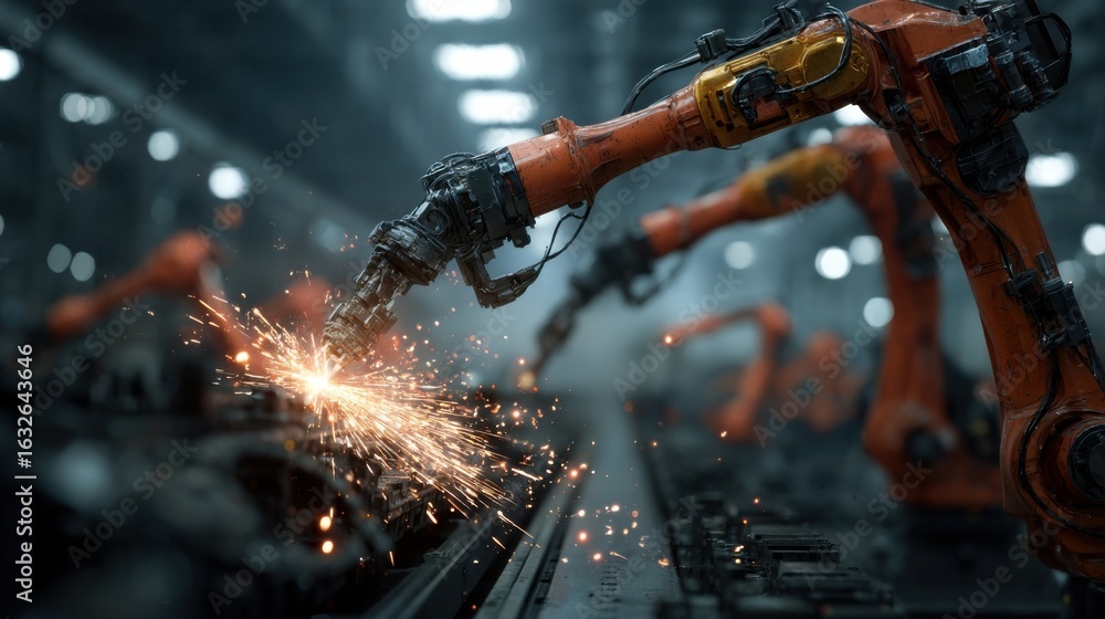 Poster a multijointed robot welding metal components within a small manufacturing space illustrating the fu