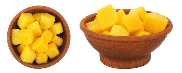 mango diced in ceramic bowl isolated on white background. Top view. Flat lay