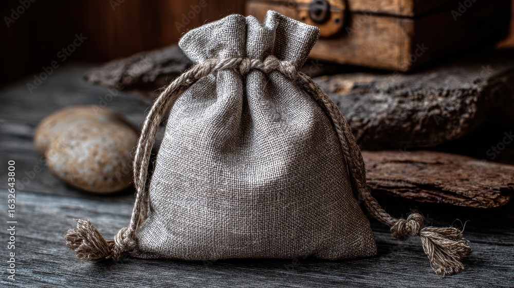 Poster burlap sack closed with drawstring sits on dark surface in studio