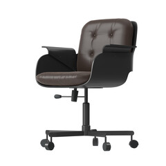 Fototapeta premium Modern Office Chair, Black Plastic Shell, Brown Leather Cushion, Angled Perspective 3D Render