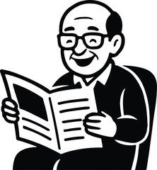 Black and White Silhouette Illustration of a Seated Person Reading a Newspaper &mdash; Featuring Simplified Lines, Visible Text Sections, and a Cartoon-Like Style Capturing a Moment 
