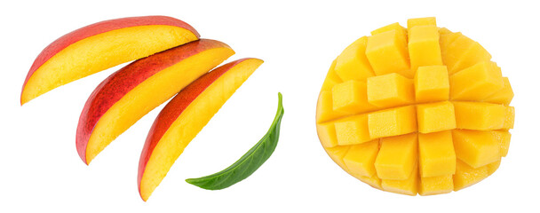 mango slices isolated on white background with full depth of field. Top view. Flat lay
