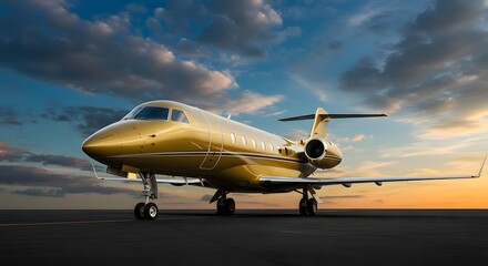Golden private jet ready for takeoff under dramatic skies