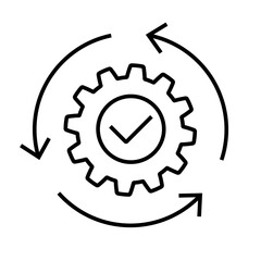 Process Optimization Icon with Gear and Arrows. Production system. Efficiency, Automation, Workflow Improvement, Quality Assurance, Productivity Symbol. Black Line Style Isolated