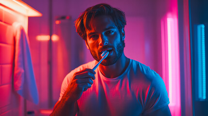 Young man with facial hair is brushing his teeth in a modern bathroom, illuminated by colorful neon lights, creating a stylish and vibrant ambiance, reflecting personal grooming habits