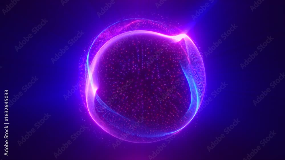 Poster futuristic glowing orb with bright violet and pink arcs forming a dynamic digital structure over a d