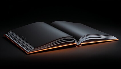 Black leather book with orange light emanating from it, close-up, black background, simple minimalist design, flat-lay photography, high resolution, professional product photograph, hyper-realistic