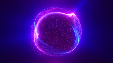 Futuristic glowing orb with bright violet and pink arcs forming a dynamic digital structure over a dark blue background - Powered by Adobe