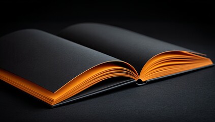 Black leather book with orange light emanating from it, close-up, black background, simple minimalist design, flat-lay photography, high resolution, professional product photograph, hyper-realistic
