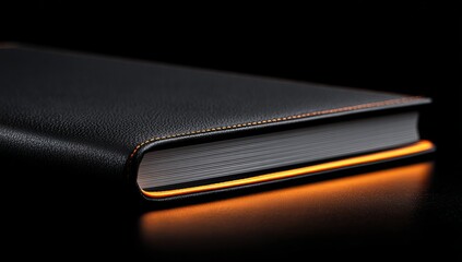 Black leather book with orange light emanating from it, close-up, black background, simple minimalist design, flat-lay photography, high resolution, professional product photograph, hyper-realistic