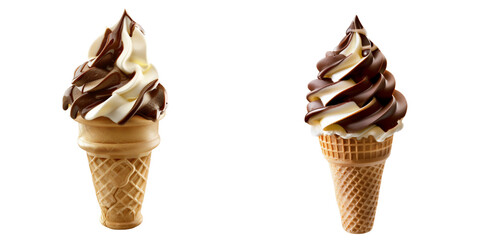  Set of a, A realistic photograph of an ice cream cone with a chocolate swirl soft-serve, isolated on a transparent background.