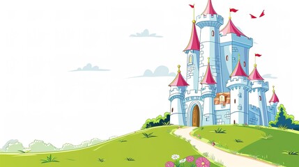 Enchanted Towers: Magical Picture of Fairy Tale Castle on White Cartoon Background – Spired Turrets with Pointed Roofs, Rainbow Flags Fluttering, Sparkling Windows, and a Curved Drawbridge, Drawn in B