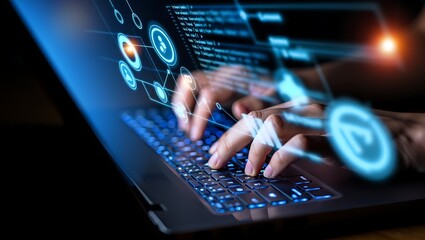 Person typing on laptop with glowing digital interface