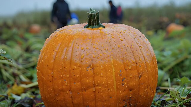 Fresh Pumpkin Harvest: Rain-Kissed Autumn Bounty in the Field