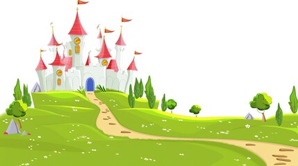 Enchanted Towers: Magical Picture of Fairy Tale Castle on White Cartoon Background – Spired Turrets with Pointed Roofs, Rainbow Flags Fluttering, Sparkling Windows, and a Curved Drawbridge, Drawn in B