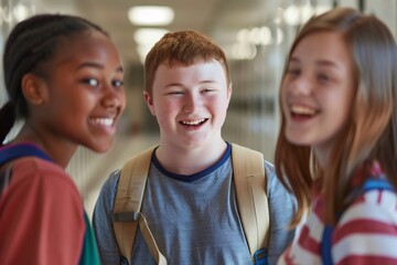 Teenagers students with down syndrome smiling in school hallway