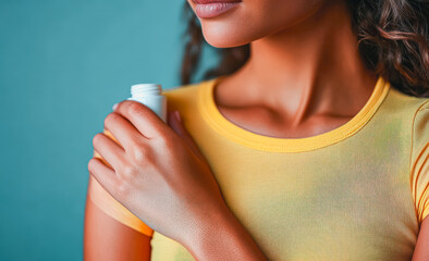 Young woman gently holding a skincare product near her shoulder, wearing a bright yellow top, with a soft turquoise background, highlighting beauty and self-care in a serene atmosphere