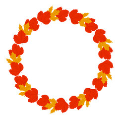 Autumn golden yellow maple and red leaves wreath. Circle frame template for greeting cards or prints. Cozy flat illustration.