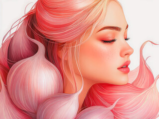 Portrait of a woman with vibrant pink hair and delicate features, showcasing a dreamy artistic style, emphasizing the flowing texture of her hair and the serene expression on her face