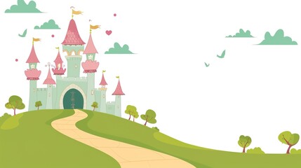 Enchanted Towers: Magical Picture of Fairy Tale Castle on White Cartoon Background – Spired Turrets with Pointed Roofs, Rainbow Flags Fluttering, Sparkling Windows, and a Curved Drawbridge, Drawn in B