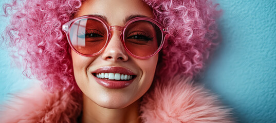 Young woman with vibrant pink curly hair and stylish oversized sunglasses is smiling brightly against a textured blue wall, radiating joy and confidence in a playful atmosphere