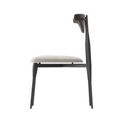 Modern Dining Chair, Curved Wood Back, Dark Frame, Beige Seat, Side View 3D Render