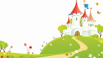 Enchanted Towers: Magical Picture of Fairy Tale Castle on White Cartoon Background – Spired Turrets with Pointed Roofs, Rainbow Flags Fluttering, Sparkling Windows, and a Curved Drawbridge, Drawn in B
