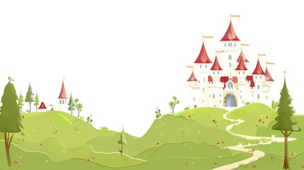 Enchanted Towers: Magical Picture of Fairy Tale Castle on White Cartoon Background – Spired Turrets with Pointed Roofs, Rainbow Flags Fluttering, Sparkling Windows, and a Curved Drawbridge, Drawn in B