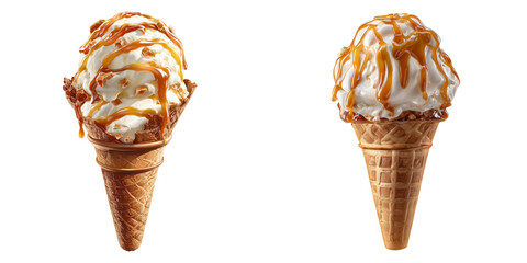 Set of a, Ice cream with caramel drizzle in a cone, isolated on a transparent background.