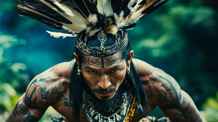 Indigenous man adorned with intricate tattoos and a striking feathered headdress is positioned in a vibrant green forest, showcasing cultural heritage and connection to nature through his attire