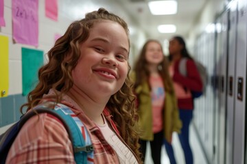 Portrait of smiling teenager student with down syndrome in school hallway
