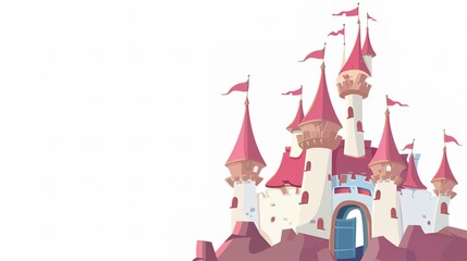 Enchanted Towers: Magical Picture of Fairy Tale Castle on White Cartoon Background – Spired Turrets with Pointed Roofs, Rainbow Flags Fluttering, Sparkling Windows, and a Curved Drawbridge, Drawn in B