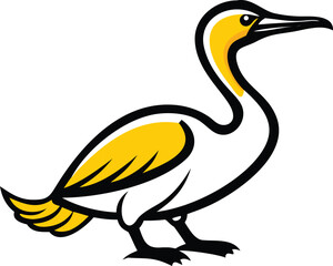 Yellow and white Cormorant bird illustration stands on a white isolated background