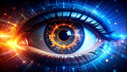 A close-up of a stylized human eye, digitally enhanced with glowing circuitry and energy
