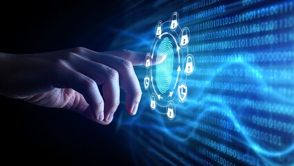 Hand interacting with digital fingerprint security interface