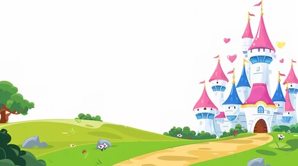 Enchanted Towers: Magical Picture of Fairy Tale Castle on White Cartoon Background – Spired Turrets with Pointed Roofs, Rainbow Flags Fluttering, Sparkling Windows, and a Curved Drawbridge, Drawn in B