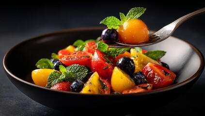 A colorful salad with yellow and red tomatoes, blueberries, herbs, and sprinkled black pepper on top of the vegetables in a bowl. A fork is placed inside the bowl, ready for us to try it out 