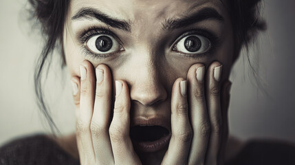 Young woman displays intense shock and fear, with wide eyes and hands gripping her face, creating a powerful emotional impact in a dramatic close-up portrait, highlighting her expression