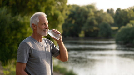 Refreshing Water Break for a Senior Sportsman by the River