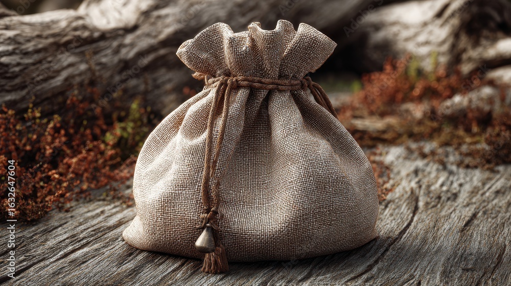 Poster burlap sack closed with drawstring sits on dark surface in studio