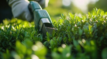 A close-up of a person using a garden tool to trim lush green hedges.