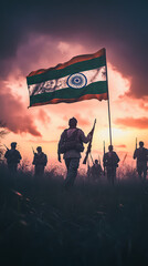 Soldiers are marching in formation while holding the Indian flag against a dramatic sunset backdrop, showcasing their dedication and pride in service, creating a powerful visual narrative of unity