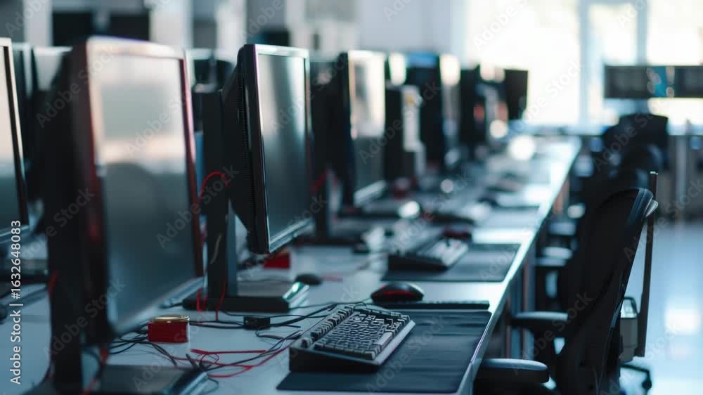 Poster row of computer monitors on a desk, suitable for office or workspace scenes