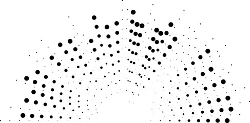 Half-circle composition featuring very long irregular dotted rays projecting both inward and outward.