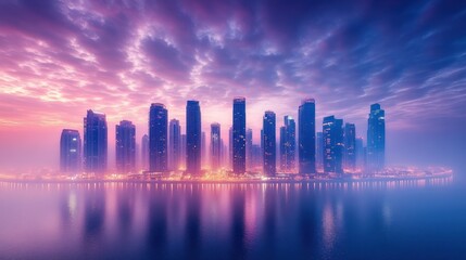Fototapeta premium Sunrise over modern city skyline reflected on calm water