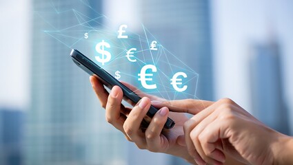 Person holding smartphone with glowing currency symbols and network lines