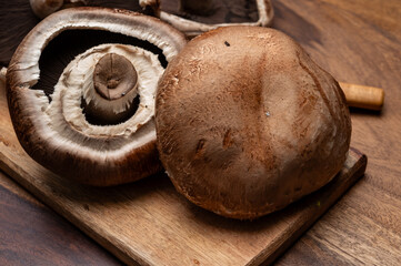 Tasty vegetarian food, large brown champignons Agaricus bisporus portobello mushrooms close up