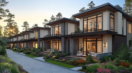 Fototapeta premium Modern townhouses nestled in a wooded neighborhood.