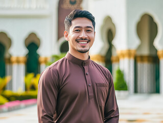 Smiling man dressed in traditional attire stands confidently outdoors, surrounded by lush greenery and decorative architecture, showcasing cultural heritage and joyful expression