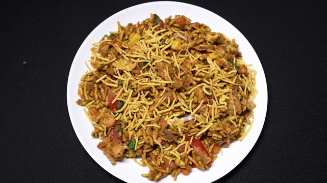 Delicious north and south indian street food bhel puri with sev and papdi	